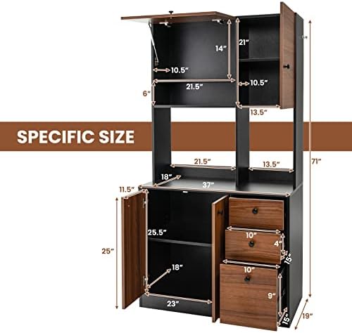 LOKO 71” Tall Kitchen Pantry Storage Cabinet with 3 Drawer, 4 Doors, Walnut