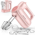 BAIGELONG Hand Electric Mixer, 5-Speed KitchenMixer with 5 * 304 Stainless Steel Attachments + Storage Base, Food Handheld Mixer for Baking, Whipping Cream, Cake Mixing, Pink