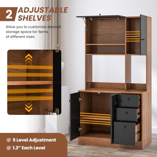 LOKO 71” Tall Kitchen Pantry Storage Cabinet with 3 Drawer, Walnut & Black