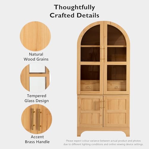 Merax 71" Farmhouse Arched Pantry Cabinet with Glass Doors & Hidden Drawer, Adjustable Shelves Storage Cupboard for Kitchen/Dining Room, Natural