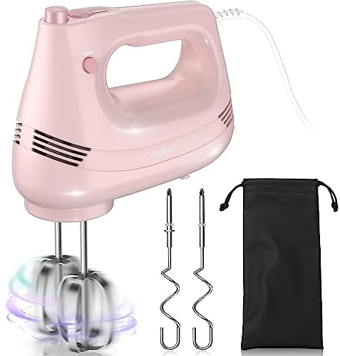 GUALIU Electric Hand Mixer, 304*(2* Beaters, 2* Dough Hooks), (1* Storage Bag) Handheld Mixer for Baking Cakes, Eggs, Cream Food Mixers, Turbo Boost /5 Speed Kitchen Blender PINK