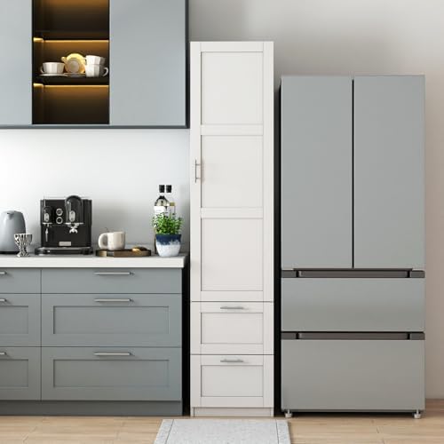 KEIKI Kitchen Pantry Storage Cabinet with Multi-Tier Shelf & Drawers, Spice Rack Next to Fridge, Freestanding Wood Cabinet Hutch Food Pantries Cupboard for Dining Room, Narrow Spaces