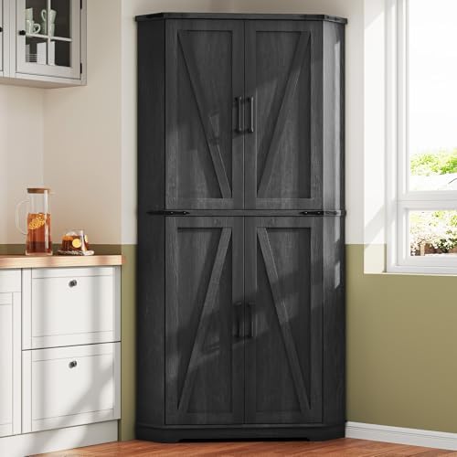 Dripex 71" Black Farmhouse Corner Pantry Cabinet with LED Light, Tall Storage Cabinet with Doors & Adjustable Shelves, Food Pantry for Kitchen, Living Room, Dining Room