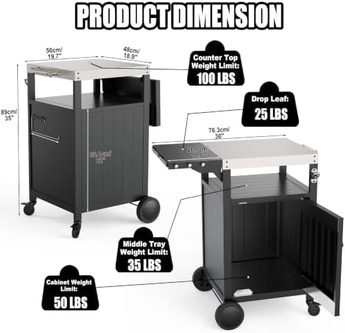 Outdoor BBQ Prep Cart with Storage, Foldable Side Table