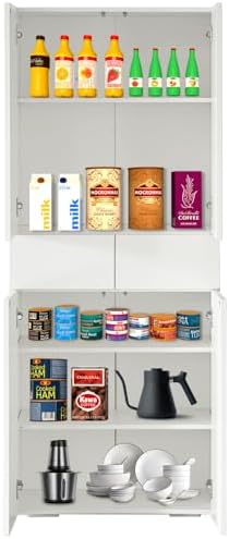 67-Inch Multi-Functional Kitchen Pantry Cabinet with 4 Doors, 3 Adjustable Shelves, 2 Cabinets with 1 Drawer – Elegant Freestanding Farmhouse Storage for Kitchen, Dining and Living Room (White)