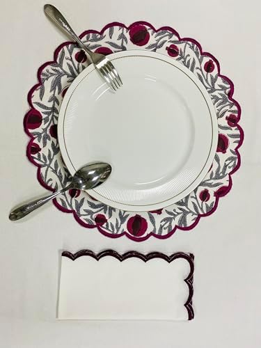 Ridhi Floral Block Print Round Placemats 15 Inch, Set of 4, Sangria Red