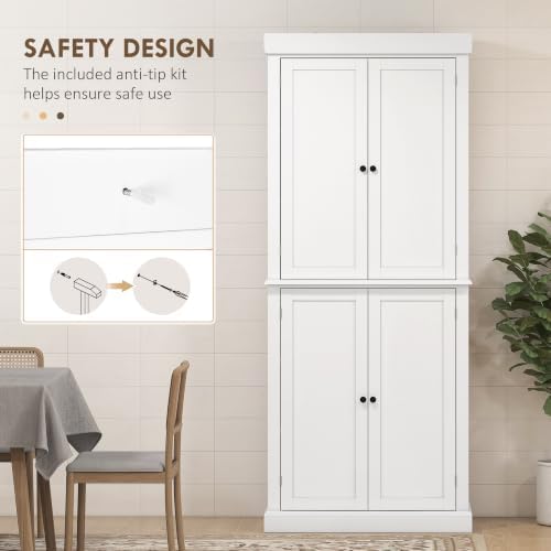 HOMCOM 72.5" Tall Kitchen Pantry Cabinet 4 Doors Modern White