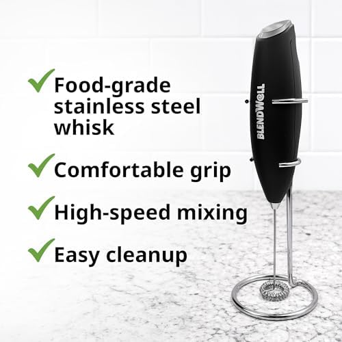 BlendWell Electric Milk Frother for Matcha and Coffee, Handheld Battery Operated Drink Mixer with Stand, Stainless Steel Whisk, Black
