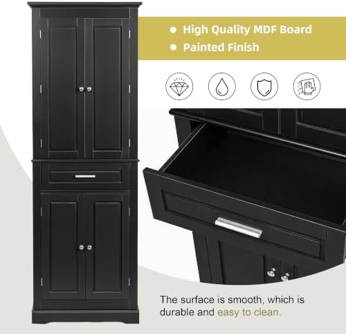Merax 70" Tall Kitchen Pantry Cabinet with Four Doors & One Drawer, Storage Cupboard for Living Room/Dining Room/Bathroom, Adjustable Shelves, Black