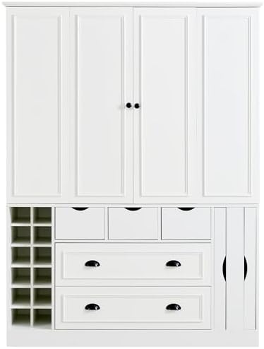 Merax Farmhouse 71" Large Kitchen Pantry Cabinet with Power Outlet, 53.2" Wide Storage Cupboard with 4 Foldable Doors, Adjustable Shelves, Wine Racks & Serving Trays, for Dining Room, White