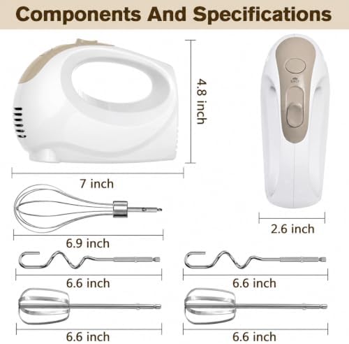 Showvigor Electric Hand Mixer with 5 Stainless Steel Whisks,5 Speed,White