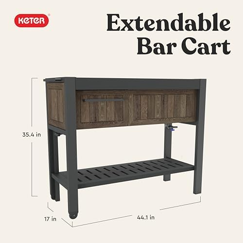 Extendable Outdoor Bar Cart with Hidden Cooler, Storage Drawers & Prep Surface – Mobile Patio Serving Station with Drainage Kit & Hidden Wheels for Backyard, Garden & Poolside Entertaining
