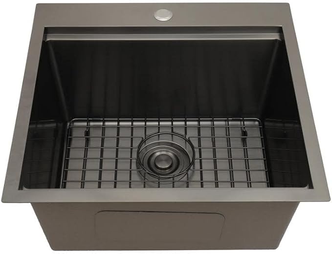 STARSTAR Workstation Ledge Topmount/Drop-in Single Bowl Satin Matte Stainless Steel Kitchen/Yard/Bar/Laundry/Office Sink, With Grid, Colander, Cutting Board, Strainer (22x22x12 Black)