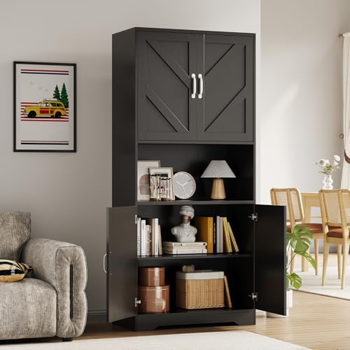 Garvee 70" Kitchen Pantry Cabinet, Farmhouse Tall Pantry Storage with Barn Doors and Adjustable Shelves, Wood Cupboard Locker for Kitchen, Dining Room, Living Room, Garage, Black