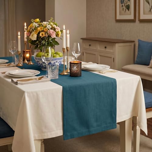 Solino Home 100% Pure Linen Table Runner Peacock Blue, Fete 14 x 108 in