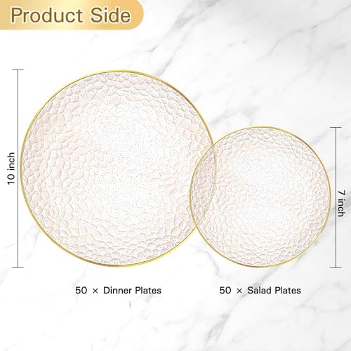 Rubtlamp 100Pcs Clear Gold Plastic Plates, Gold Glitter Disposable Plates, Hammered Plastic Plates Included 50 Dinner Plate And 50 Dessert Plate for Weddings Party Birthday