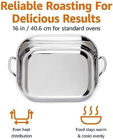 Amazon Basics Stainless Steel Rectangular Roasting Pan with Rack, Turkey Roaster, Dishwasher Safe, Easy to Clean, Oven Safe, 16 in
