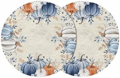 Fall Round Placemats Set of 2 Pumpkin Blue Orange Thanksgiving Place Mats Washable Woven Placemat White Pumpkin Leaves Circle Braided Table Mat for Kitchen Dining Table Holiday Party Decor 15 Inch