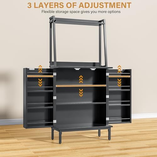 kepptory 51" Kitchen Baker's Rack with Storage, Microwave & Toaster Oven Stand, Freestanding Coffee Bar Station with Wine Glass Holder & Side Storage Shelves, Black