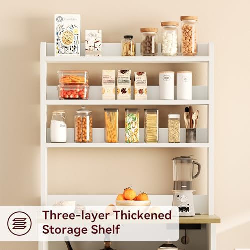 IDEALHOUSE Bakers Rack with Storage Cabinet, Microwave Stand with Power Outlets, Farmhouse Kitchen Pantry with Thick Table Top, Small Kitchen Bakers Rack for Kitchen,Dining Room,White & Peer Wood