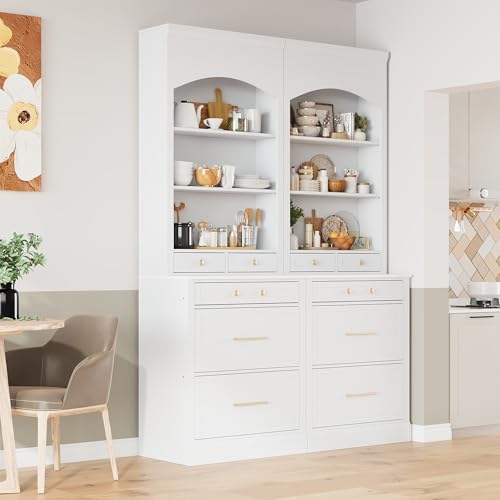 Merax Modern 83.7inch Freestanding Kitchen Hutch with Faux Marble Top, Kitchen Pantry with 5 Storage Drawers and Adjustable Shelf, Set of 2, White
