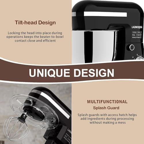 6in1 Stand Mixer with 6.5 Quart Bowl, 660W 10+p Speeds Kitchen Food Mixer Tilt-Head Bread Dough and Cake Mixers for Home Daily Use (Black)