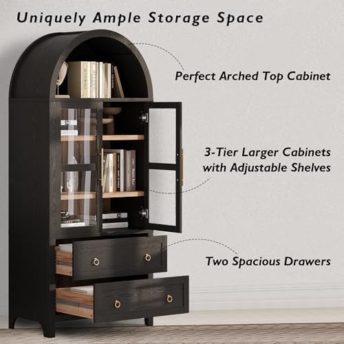 Ball & Cast Arched Kitchen Pantry Cabinet with Glass Door&2 Large Drawers,Modern Farmhouse Kitchen Storage Cabinets W/Adjustable Shelves,Wood Versatile Cupboard for Kitchens,Dining Room,Black,71" Tall