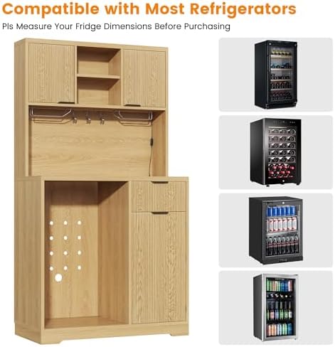 kepptory 72" Tall Bar Cabinet with Mini Fridge Space, Fluted Coffee Liquor Hutch Cabinet with Storage, Tall Home Bar with LED Light & Power Outlet for Kitchen Dining Room or Living, Natural