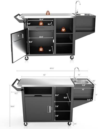 NUUK Outdoor Grill Cart on Wheel, Pizza Oven Table with Sink & Storage, 20"x42" Stainless Steel Prep Table Kitchen Island Cabinet for Backyard BBQ