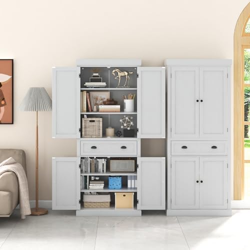 GIANTEX Pantry Organizers and Storage, 72" Tall Kitchen Cabinet with 2-Door Cabinets & Drawer, Buffet Sideboard w/Adjustable Shelves, Wooden Freestanding Cupboard for Dining Room Living Room (White)