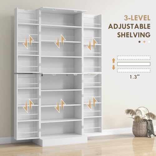 HOMCOM 65" Kitchen Pantry Storage Cabinet 16 Door Shelves White