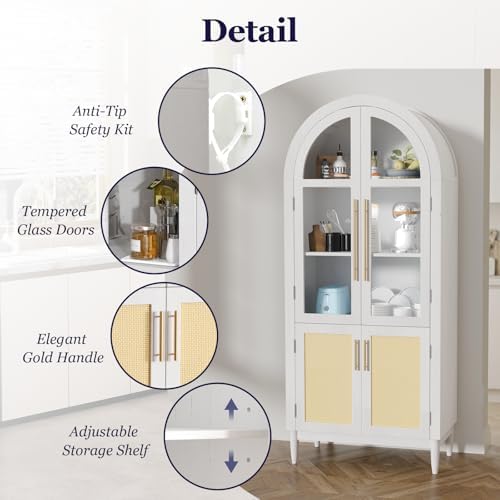71" Tall Arched Cabinet with Glass Doors, Kitchen Pantry Storage Cabinet with Dust-Proof Rattan, 5-Tier Curio China Cabinet with Adjustable Shelves for Living Room Dining Room, White