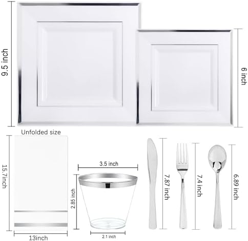 Festiva 350Pcs Silver Plates - Silver Square Plastic Plates 9 .5" and 6" - serve for 50 guests include 50 Cups 50Plastic Cutlery 50Hand Napkins Perfect for Party&Wedding&Birthday