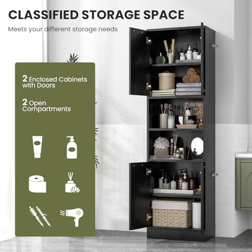 75” Kitchen Pantry Cabinet, Tall Freestanding Kitchen Hutch with 4 Doors, 2 Open Shelves & 4 Anti-Tipping Devices, Bathroom Storage Cabinet for Living Room, Dining Room (Black)