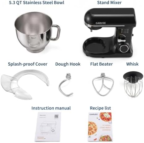 Garvee 5.3 QT Tilt-Head Stand Mixer, 500W Motor, 8-Speed Electric Kitchen Mixer with Stainless Steel Bowl, Dough Hook, Flat Beater & Wire Whisk for Bread Dough, Cake, Cookies & Pizza, Black