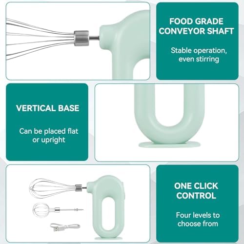 4 Speed Electric Hand Mixer, Electric Hand Mixer Whisk Wireless Rechargeable Handheld Egg Beater Adjustable Cordless Electric Whisk Hand Mixer 1500mAh Small Portable Handheld Mixer (Green)