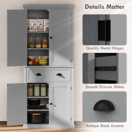 HOMCOM 72.5" Kitchen Pantry Cabinet Freestanding 4 Doors Gray