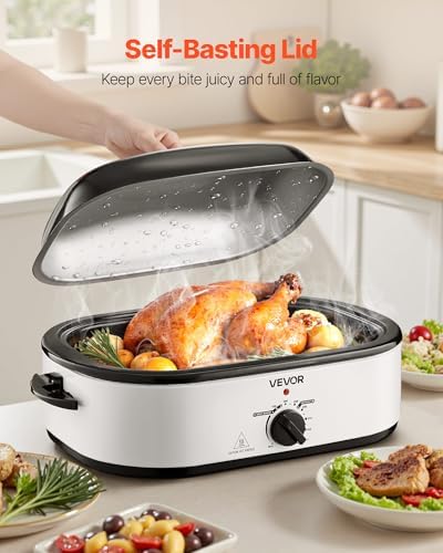 VEVOR Roaster Oven, 18QT Electric Roaster Oven, 150-450℉ Adjustable Temperature Electric Roasting Pan, Multifunctional Electric Roasters with Self-Basting Lid, Removable Pan and Rack for Holiday