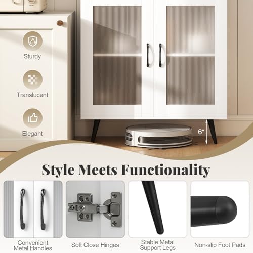 GIANTEX Kitchen Pantry Storage Cabinet, 70.5" Cupboard with 4 Transparent Doors, Adjustable Shelf & Metal Legs, Freestanding Tall Hutch Cabinet for Dining Room, Living Room, Office & Bathroom, White