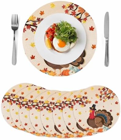 Fall Round Placemats Set of 8 Thanksgiving Harvest Pumpkin Turkey Place Mats Washable Woven Placemat Orange Maple Leaves Circle Braided Table Mat for Kitchen Dining Holiday Party Fall Decor 15 Inch