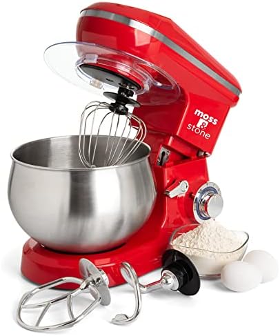 Moss & Stone Stand Mixer, 6 Speed Electric Mixer With 5.5 Quart Stainless Steel Mixing Bowl, Red Body Kitchen Mixer With Dough Hook, Whisk, Beater & Baking Spatula, Classic Food Mixer