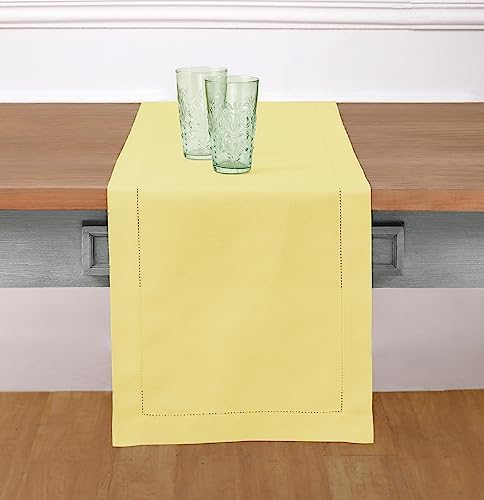 Solino Home Cotton Linen Dining Table Runner Yellow Hemstitch, 14 x 108 in