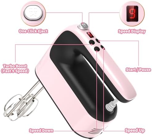 Yomelo 9-Speed Digital Hand Mixer Electric, 400W Powerful DC Motor, Hand Mixer Electric Handheld with Snap-On Storage Case, 5 Stainless Steel Accessories, Beaters, Dough Hooks, Whisk(Pink/Black)