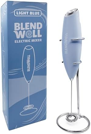 BlendWell Electric Milk Frother for Matcha and Coffee, Handheld Battery Operated Drink Mixer with Stand, Stainless Steel Whisk, Light Blue