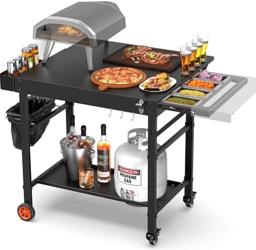 Grill Table for Ooni Pizza Oven, Ninja Pizza Oven Table with Extendable Desk - Fit Gozney, Solo Stove, Durable Outdoor Grill Cart Stand with Food Prep Topping Station for Backyard