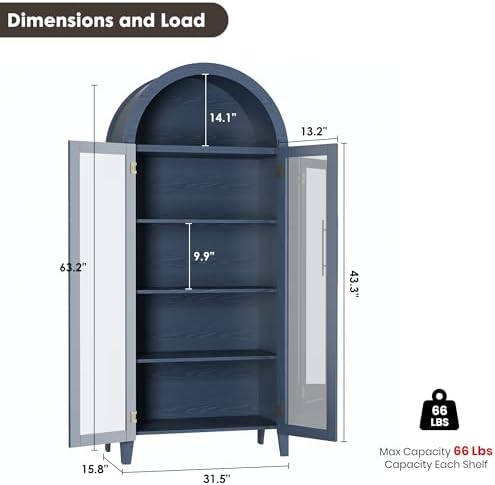 Garvee Arched Cabinet with Glass Doors, 5-Tier Kitchen Pantry Cabinet with Adjustable Shelves, Farmhouse Display Storage Cabinet for Dining Room, Living Room, Blue