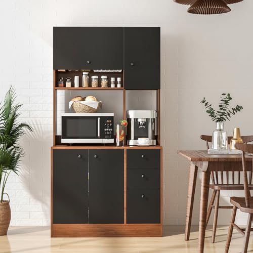 LOKO 71” Tall Kitchen Pantry Storage Cabinet with 3 Drawer, Walnut & Black