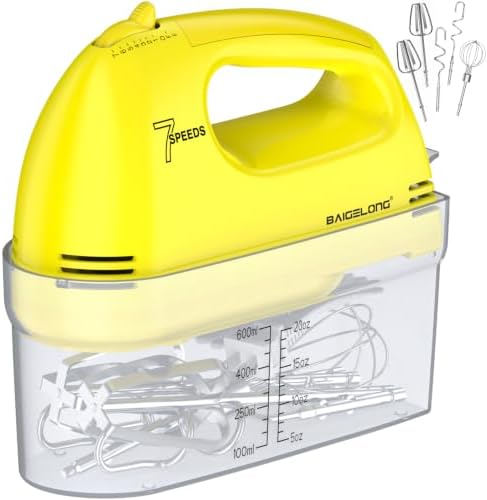 BAIGELONG Hand Mixer. 7-Speed Adjustable Kitchen Electric Mixer. With 5 Stainless Steel Attachments: 2 Hooks, 2 Beaters, 1 Whisk. Comes 1 Storage Box. Perfect for Bakers and New Starters, Yellow