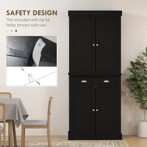 HOMCOM 72.5" Kitchen Pantry Cabinet Freestanding 4 Doors Black Wood Grain
