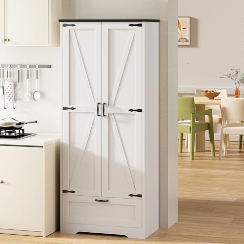 Shintenchi 65" Kitchen Pantry Cabinet, Farmhouse Tall Cupboard, White